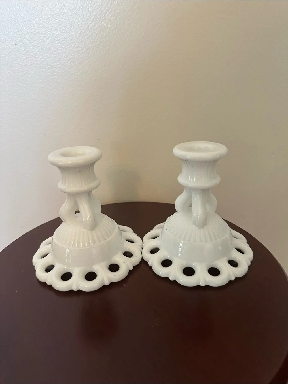 Westmoreland White Milk Glass Candlestick Pair with Pierced Ring Bases